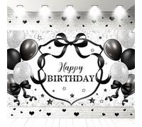 Tingjoo 6 x 3.6 ft Black Bow Birthday Decorations Backdrop Black and White Party Decor Bow Happy Birthday Banner Backgrounds Backgrounds for Girls Women Baby Shower Photo Props Bachelorette Supply