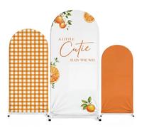 Tingjoo a Little Cutie is on the Way Baby Shower Backdrop Cover, 4ft 5ft 6ft Citrus Theme Decorations Orange Plaid Round Top Spandex Arch Stand Covers for Birthday Gender Reveal Party
