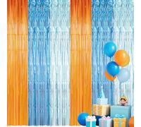 Tingjoo Blue Dog Party Decorations, 2 Pack 3.3 x 6.6 ft Foil Curtain Backdrop Orange Blue Metallic Tinsel Foil Fringe Curtains Streamers Photo Prop for Birthday Wedding Party Supplies