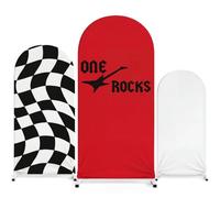 Tingjoo One Rocks Backdrop Cover, 4ft 5ft 6ft Rock and Roll First Birthday Decorations Black White Checkered Round Top Spandex Arch Stand Covers for Baby Shower Mexican Fiesta Party