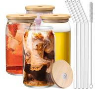 TINGJUNN Set of 4 Glasses with Bamboo Lids and Straws, 16 oz Iced Coffee Mugs, Juice Drink Straw Mugs, Home Essential Glasses for Beer, Cocktails, Tea and Lattes