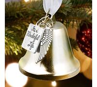 TINGMEI Silver Plated It's a Wonderful Life Christmas Bell Ornaments for Xmas Tree Wedding Anniversary Decoration Pendants with Angel Wings Charms (5X5CM)
