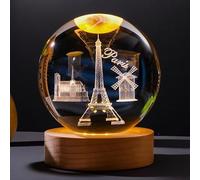 TINGMEIBESTLY 3D Crystal Ball Night Light,80MM Animals Glass Ball Night Lamp with Woodern Base,Decorations Gifts for Men,Women,Kids,Boys,Girls,Teens (Eiffer Tower)