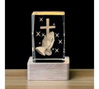 TINGMEIBESTLY 3D Crystal Cube with Wooden Light Base, Glass Laser Engrave Crystal Jesus Cross Figurine Cube, Religious Gifts for Women Men Christian (Praying Hand)