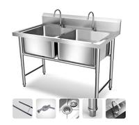 TINGMIAN Large Double Bowl Sink 2 Compartment Free Freestanding Stainless Steel Sink for Restaurant, Laundry, Garage(47.2 * 23.6 * 31.5in)