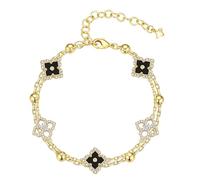 TINGN 14K Gold Plated Clover Bracelet for Women, Extension Chain Adjustable Four Leaf Lucky Bracelet Four Leaf Lucky Jewellery Gift for Teenage Girls(Black)