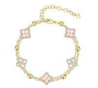 TINGN 14K Gold Plated Clover Bracelet for Women, Extension Chain Adjustable Four Leaf Lucky Bracelet Four Leaf Lucky Jewellery Gift for Teenage Girls(Pink)