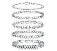 TINGN 5 Pcs Bracelets for Men Stainless Steel Mens Bracelets Sturdy Figaro Cuban Rope Link Chain Bracelet Mens Jewellery Christmas Gifts for Men Him Dad Boyfriends Husband 8.3 Inches