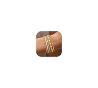 TINGN 5PCS Gold Bracelets for Women 14K Gold Plated Stackable Elastic Beaded/Pearl/Cross Bracelets Stretchable Waterproof Tennis Jewellery Set