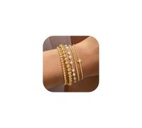 TINGN 5PCS Gold Bracelets for Women 14K Gold Plated Stackable Elastic Beaded/Pearl/Cross Bracelets Stretchable Waterproof Tennis Jewellery Set