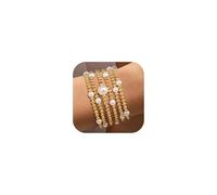TINGN 5PCS Gold Bracelets for Women 14K Gold Plated Stackable Elastic Beaded/Pearl/Cross Bracelets Stretchable Waterproof Tennis Jewellery Set
