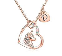 TINGN 6 Year Old Girl Gifts, 14K Rose Gold Plated Heart Unicorn Pendant Necklace Gifts for Girls Letter D Initial Unicorn Necklace for Girls Necklace Girls' Jewelry Unicorn Gifts for Girls Age 6-7