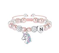 TINGN Birthday Gifts for 5 6 7 8 Year Old Girls, Pink Pearl Heart Bracelet Letter Initial N Unicorn Bracelet for Girls Jewelry Rainbow CZ Unicorns Bracelets for Kids Unicorns Gifts for Girl