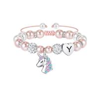 TINGN Birthday Gifts for 5 6 7 8 Year Old Girls, Pink Pearl Heart Bracelet Letter Initial Y Unicorn Bracelet for Girls Jewelry Rainbow CZ Unicorns Bracelets for Kids Unicorns Gifts for Girl