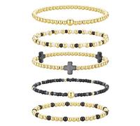 TINGN Easter Gifts for Teen Girls Easter Basket Stuffers, 14K Gold Plated Cross Beaded Bracelet Stack Set Stretch Pearl Bead Bracelet Colorful Christian Jewelry Religious Gifts for Women Teen Girls