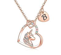 TINGN Gifts for Girls Unicorn Necklace for Girls, Rose Gold Plated Colorful CZ Heart Pendant Necklace Unicorn Initial B Necklaces for Girls Teen Girls Gifts Birthday Gifts for Girls Jewellery