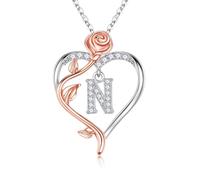 TINGN Gifts for Women Wife Her - 925 Sterling Silver Rose Heart Pendant Necklace Initial N Letter Jewellery Valentines Anniversary Birthday Gifts for Her Wife Girlfriend Mum Women