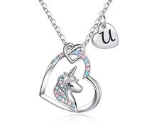 Tingn Girls' Unicorn Heart Necklace - Initial U, Unicorn Gifts for Girls Aged 6-7
