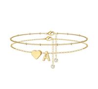 TINGN Gold Ankle Bracelets for Women, 14K Gold Plated Layered Heart Ankle Bracelet Initial A Heart Anklets for Women Teenage Girls Waterproof Jewellery Summer Beach Jewelry Gifts for Womens Girls