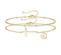 TINGN Gold Bracelet for Women, 14K Gold Plated Cross Bracelets for Womens Initial K Adjustable Bracelet for Women Girls Jewelry Anniversary Birthday Gift for 5 6 7 8 9 Year Old Girls
