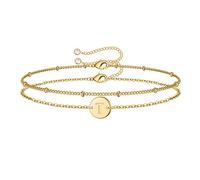 TINGN Gold Initial Bracelets for Women, Dainty 14K Gold Filled Layered Beaded T Letter Initial Bracelet Personalized Alphabet Disc Monogram Charm Bracelet Jewelry Gifts for Girls