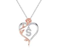 TINGN Heart Initial Necklace for Women - 14K White Gold Plated Dainty Initial Heart Necklace Rose Flower Letter S Necklaces Birthday Personalized Gifts Jewellery for Women