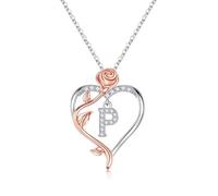 TINGN Heart Initial Necklace for Women - 14K White Gold Plated Dainty Silver Heart Initial Rose Flower Necklace Letter P Pendant Necklaces for Women Jewelry Gifts