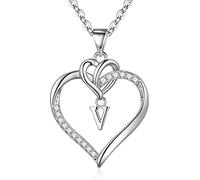 TINGN Heart Initial Necklaces for Women Girls, 14K White Gold Plated Cubic Zirconia Heart Initial V Pendant Necklace Dainty Heart Necklaces for Women Teen Girls Jewelry Gifts for Wife Girlfriend