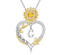TINGN Heart Initial Necklaces for Women Girls, 18K White Gold Plated Cubic Zirconia Sunflower Initial G Pendant Necklace for Women Girl Jewellery Sunflower Gifts for Women Teenage Girls Girlfriend