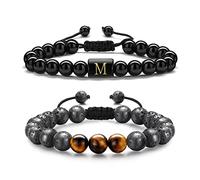 TINGN Initial Beaded Bracelets for Men, 8mm Tiger Eye Lava Rock Obsidian Stone Handmade Mens Jewelry Adjustable Beads Bracelets Meaningful Letter Mens Bracelet Gifts for Birthday (M)