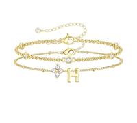 TINGN Initial Bracelets for Womens, 14K Gold Plated Layered Cubic Zirconia Four Leaf Clover Letter H Bracelet for Women, Gold Initial Bracelet for Girls Personalised Birthday Gifts for Women Girls