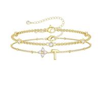TINGN Initial Bracelets for Womens, 14K Gold Plated Layered Cubic Zirconia Four Leaf Clover Letter T Bracelet for Women, Gold Initial Bracelet for Girls Personalised Birthday Gifts for Women Girls