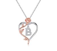TINGN Initial Necklaces for Women - 14K White Gold Plated Dainty Heart Initial Necklace Rose Flower Letter B Necklaces for Women Personalised Birthday Gifts for Womens Jewellery