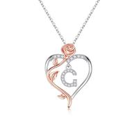 TINGN Initial Necklaces for Women - 14K White Gold Plated Dainty Silver Initial Heart Necklace Rose Flower Letter G Necklaces Jewellery for Her Teen Girl Birthday Personalized Gifts
