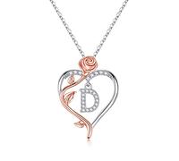 TINGN Initial Necklaces for Women - 14K White Gold Plated Dainty Silver Initial Heart Necklace Rose Flower Letter D CZ Necklaces Dainty Jewellery Birthday Gifts for Women