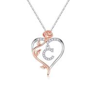 TINGN Initial Necklaces for Women - 14K White Gold Plated Heart Initial Rose Flower Letter C Pendant Necklaces Birthday Personalized Gifts Jewelry for Women Teen Girl