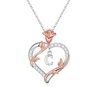 TINGN Initial Necklaces for Women Girls - Silver Necklaces Rose Heart Necklace Initial C Personalized Necklace Anniversary Romantic Gifts for Womens Wife Girlfriend Birthday Gift for Women Girls