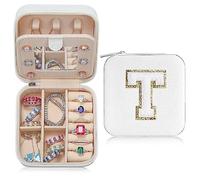TINGN Mom Jewelry Case - Travel Organizer Box for Women, Mother's Day Gift from Daughters - Small Essentials Holder with Initial T - White
