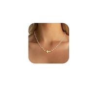 TINGN Pearl Cross Necklace for Women, 14K Gold Plated Sideway Cross Necklace Women Dainty Pearl Choker Necklace Cute Cross Necklace for Women Gold Necklaces for Women Trendy