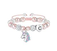 TINGN Pink Pearl and Rhinestone Heart Initial Unicorn Bracelet - Rainbow CZ Jewelry Gift for Teen Girls