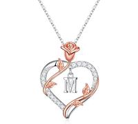 TINGN Silver Initial Necklace for Women Girls - Rose Heart Initial M Necklaces Personalized Necklaces for Women Personalized Gifts for Womens Girlfriend Birthday Gifts for Womens Teenage Girls Jewelry