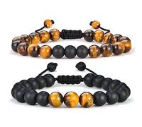 TINGN Tiger Eye Mens Bracelet - 8mm Natural Tiger Eye Adjustable Matte Agate Bracelet for Anxiety Relief, Stress Management - Dad, Fathers, Boyfriend Gifts