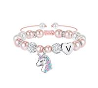 TINGN Unicorn Bracelets for Girls Gift - Pearl Rhinestone Balls Heart Initial V Bracelet Unicorns Gifts for Teen Girls Rainbow CZ Bracelet Unicorn Birthday Gifts for Kids Girl Ages 6 7 8 9 10