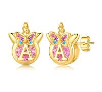 TINGN Unicorn Earrings for Girls Gifts - Hypoallergenic S925 Sterling Silver Post Stud Earring Kids Jewelry Gold Colorful CZ Initial A Earrings Kids Unicorn Birthday Gift for 4 5 6 7 8 Year Old Girls