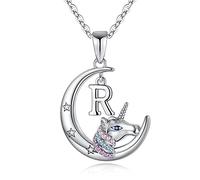 TINGN Unicorn Gifts: 14K White Gold Plated Cubic Zirconia Moon Necklace - Initial Unicorn Necklace for Girls (Valentine's Day Gift)