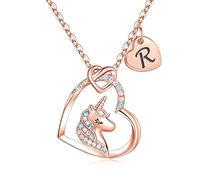 TINGN Unicorn Gifts for Girls Necklace, Rose Gold Plated Heart R Initial Necklace Letter Unicorn Necklaces for Girls Birthday 6 Year Old Girl Gifts Heart Pendant Unicorn Necklace Gifts for Girls