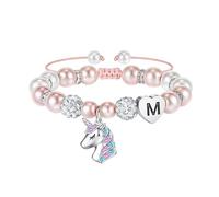 TINGN Unicorn Gifts for Girls - Pink Pearl and Rhinestone Balls Heart Initial Unicorn Bracelets for Girls Jewelry Unicorn Gifts Rainbow CZ Unicorn Bracelet Birthday Unicorn Gifts for Teen Girls Gifts
