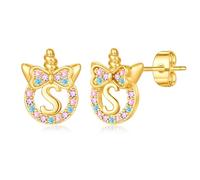 TINGN Unicorn Gifts for Girls - S925 Sterling Silver Post Hypoallergenic Letter S Earrings Kids Jewelry Dainty Colorful Cubic Zirconia Gold Earring Birthday Gift for Girls 5 6 7 8 Year Olds