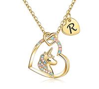TINGN Unicorn Necklace Gifts for Girls, 14k Gold Plated Initial R Necklace for Girls Heart Pendant CZ Unicorn Letter Gold Heart Necklace for Girls Birthday Unicorn Gifts for Girls Women Jewelry