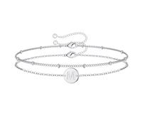 TINGN Valentines Gifts for Women Girls Gifts, 14K White Gold Filled Letter M Initial Bracelet Teen Girl Gifts Trendy Disc Charm Bracelet Layered Silver Bracelets for Women Teen Girls Jewelry Gifts